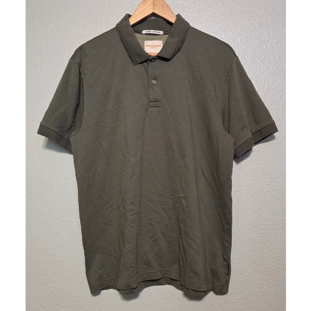 Scotch & Soda Mens Large Olive Green Pique Polo Shirt Preppy Casual